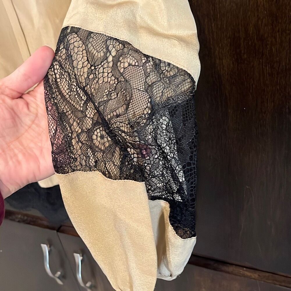Aryn K Silk Tan & Black Lace Long Sleeve Blouse Medium - Picture 4 of 7